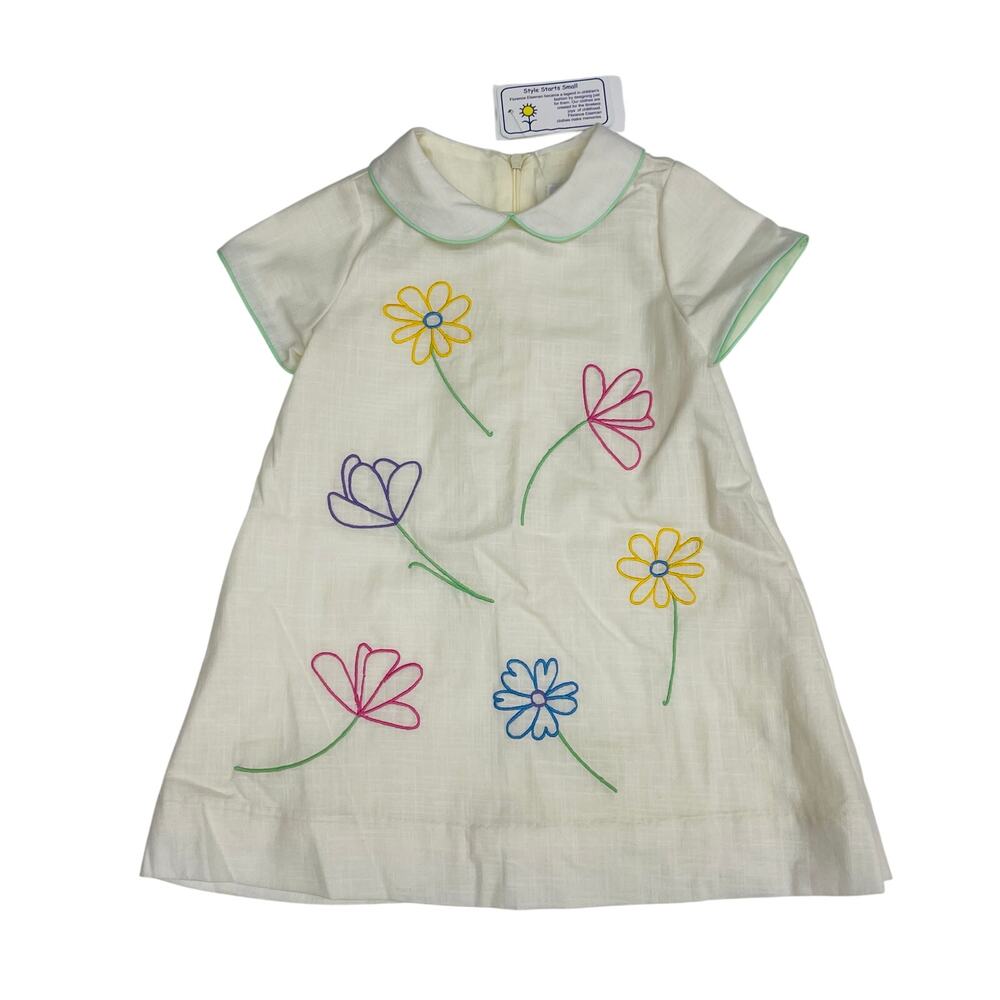 NWT Florence Eiseman 3T Linen-Look Dress with Embroidered Flowers